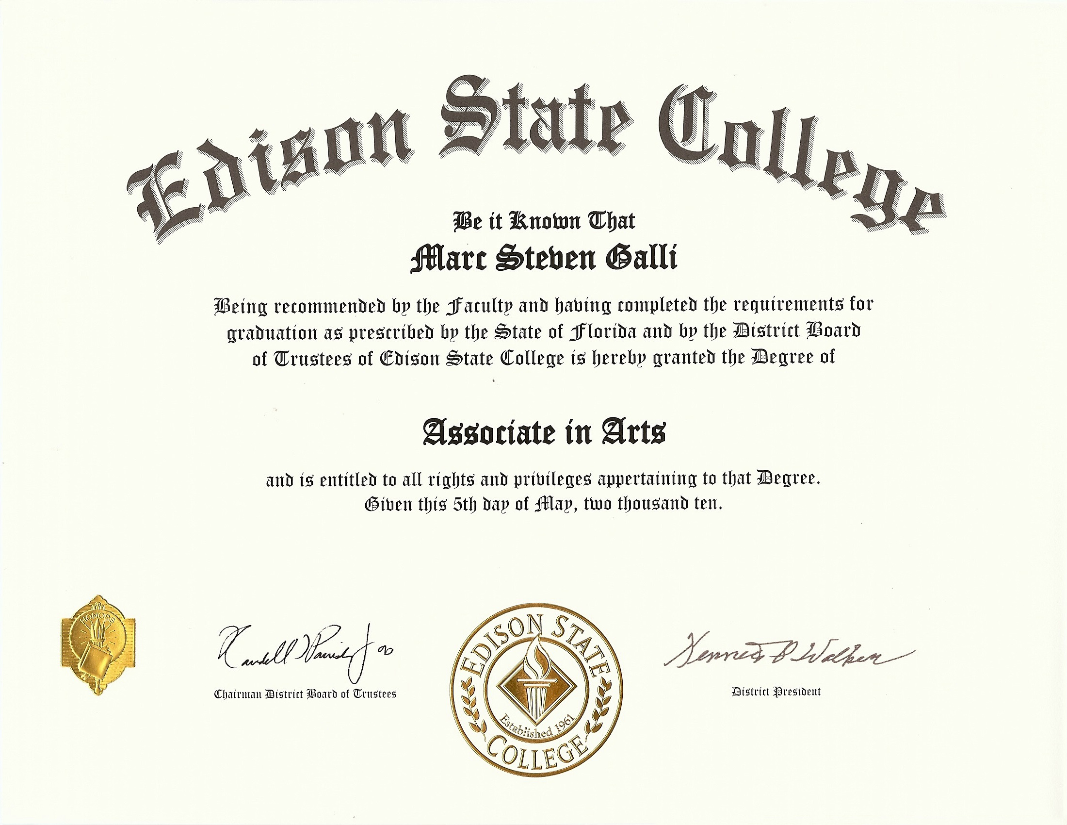 Marc Galli, Associate's Degree